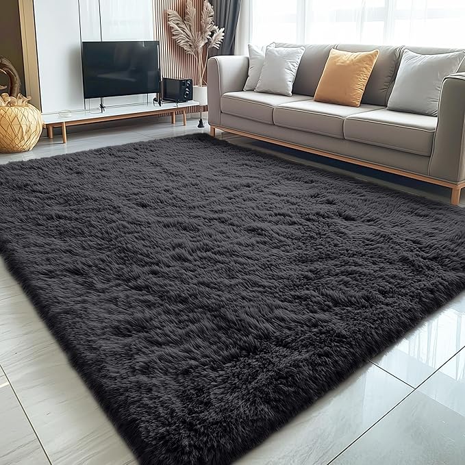 OLANLY 5x11 Machine Washable Large Area Rugs for Living Room, Bedroom, Soft Fluffy Shaggy Bedside Rug, Indoor Floor Carpet for Kids Girls and Boys, Dorms, Nursery, Home Decor Aesthetic, Black