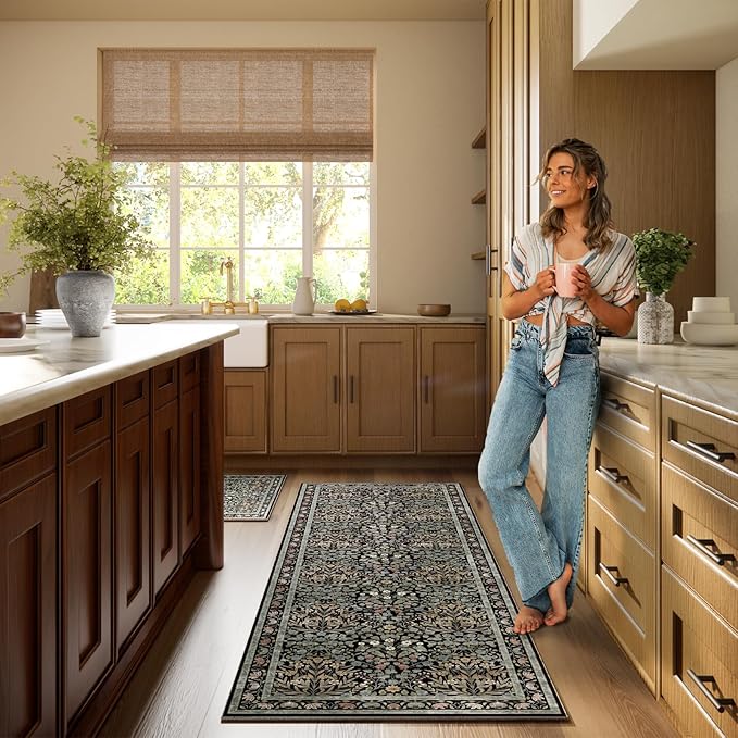 Vintage Floral Area Rug Runner 2x6 Washable Ultra-Thin Boho Carpet for Hallway, Kitchen, Bedroom, Bathroom, Laundry Room