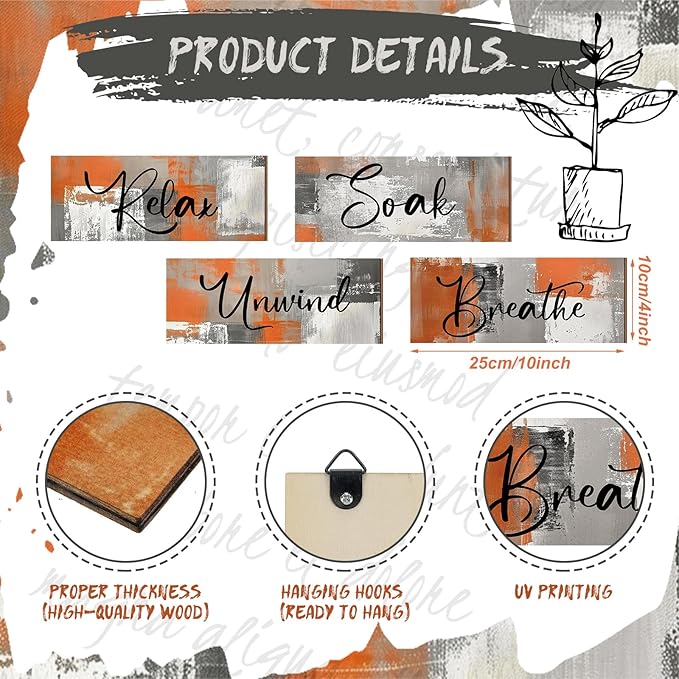 Maitys 4 Pcs Orange Bathroom Wall Decor 10 x 4 Inch Bathroom Wall Art Contemporary Wood Restroom Pictures for Soak Unwind Relax Hanging Sign Spa Rustic Vintage Farmhouse Pediments