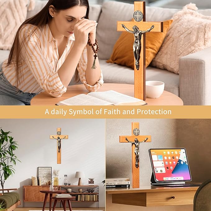 ACHIBANG 10 Inch Wooden Catholic Crucifix Wall Cross with Jesus & Saint Benedict Medal, Natural Wood Religious Decor for Home Prayer Room, Baptism Confirmation Catholic Gifts
