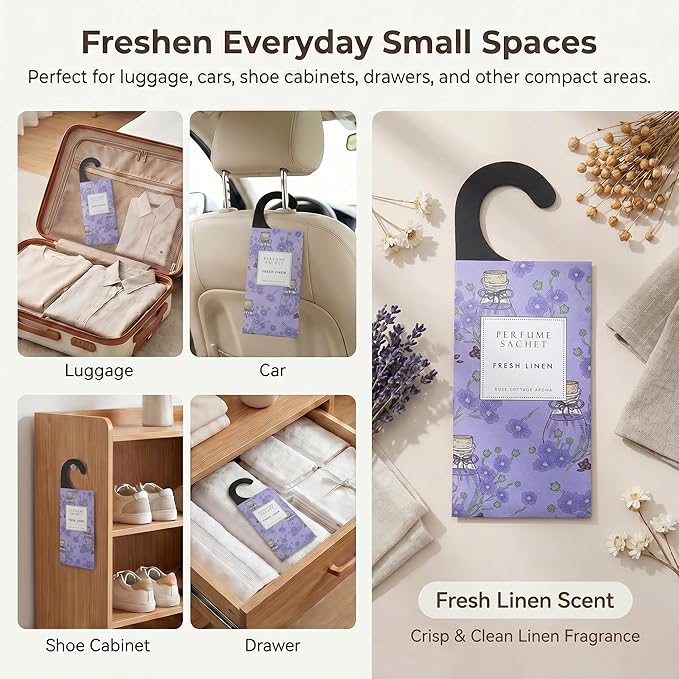ROSE COTTAGE Large 12 Packs Fresh Linen Hanging Closet Deodorizer Air Freshener Long Lasting Scented Sachets Smell Goods for House