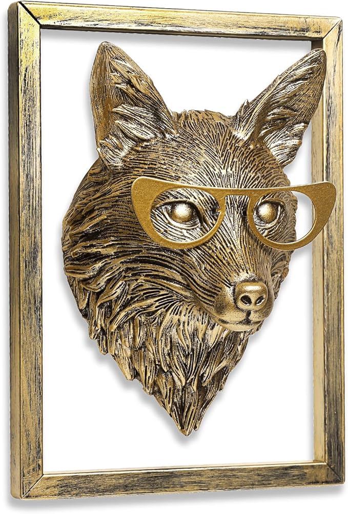 Newinhome Animal Heads Wall Decor (Includes Metal Frame) Resin Animals Sculptures Head Wall Hanging Decoration Gold vintage Wall Sculpture for Living Room Bedroom Office(Fox)