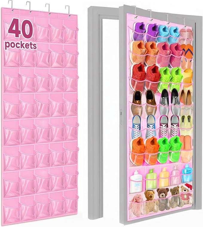 Over the Door Shoe Organizer with 40 Clear PVC Pockets – Waterproof Hanging Shoe Holder for Closet & Bathroom – Space-Saving Door Shoe Rack for Shoes, Toys, Toiletries & Snacks(Pink)