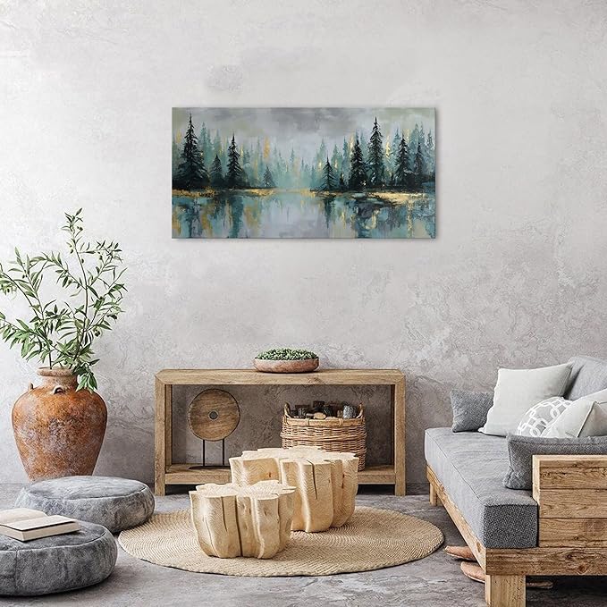 Green Forest Wall Art Vintage Fog Pine Trees Landscape Wall Decor Nature Green and Gold Forest Lake Scenery Canvas Prints Pictures Farmhouse Artwork for Kitchen Living Room Home Decorations 20x40"
