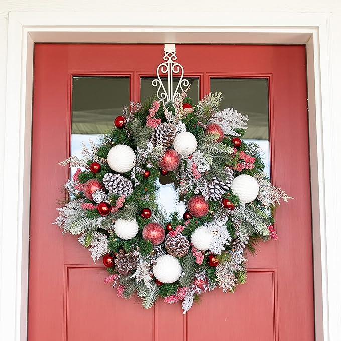 [Front Door Wreath Hanger] - Colonial Design | Adjustable Hook Length for Tall and Small Doors | Padding to Prevent Damage Like Scratch and Dents | Heavy Duty Cast Iron Metal Hangar - (White)