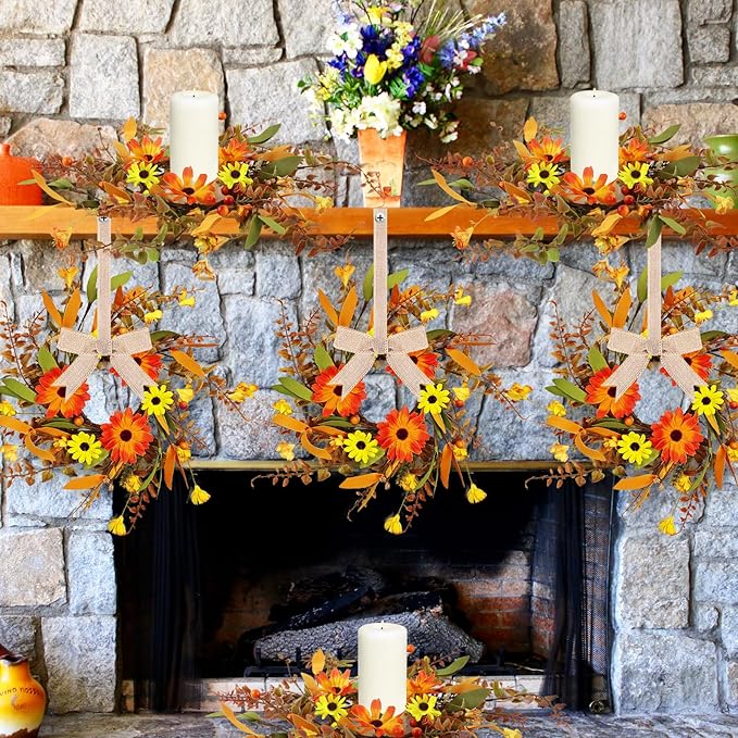 8 Pcs Mini Fall Autumn Swags Wreaths Thanksgiving Artificial Daisy Candle Rings Wreaths Autumn Cabinets Farmhouse Wreath with Ribbon for Pillar Front Door Porch Wall Window Decoration