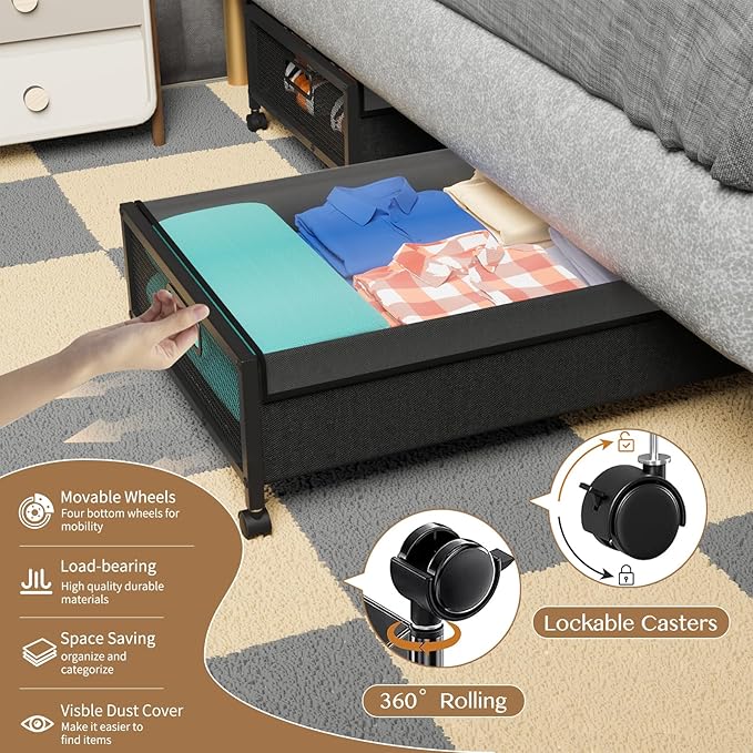 Under Bed Storage with Wheels,2 Pack Under Bed Storage Containers with Clear Lids,Under the bed storage Organizer Bins, Large Rolling Under Bed Metal Drawer for Clothes,Shoes,Blankets