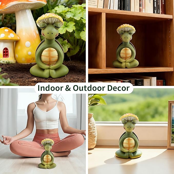 Meditation Mushroom Resin Statues – Cute Yoga Mushroom Figurines for Desk, Home, Office & Garden Decor – Zen Resin Sculptures for Living Room, Patio, Tabletop & Backyard (1 Pack, Turtle)