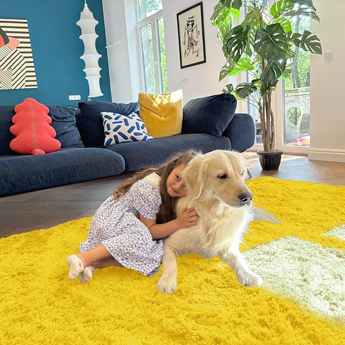 OLANLY 3x5 Machine Washable Small Bedside Rug, Soft Fluffy Shaggy Rugs for Living Room, Bedroom, Indoor Floor Carpet for Kids Girls and Boys, Preppy Dorms, Nursery, Home Decor Aesthetic, Yellow