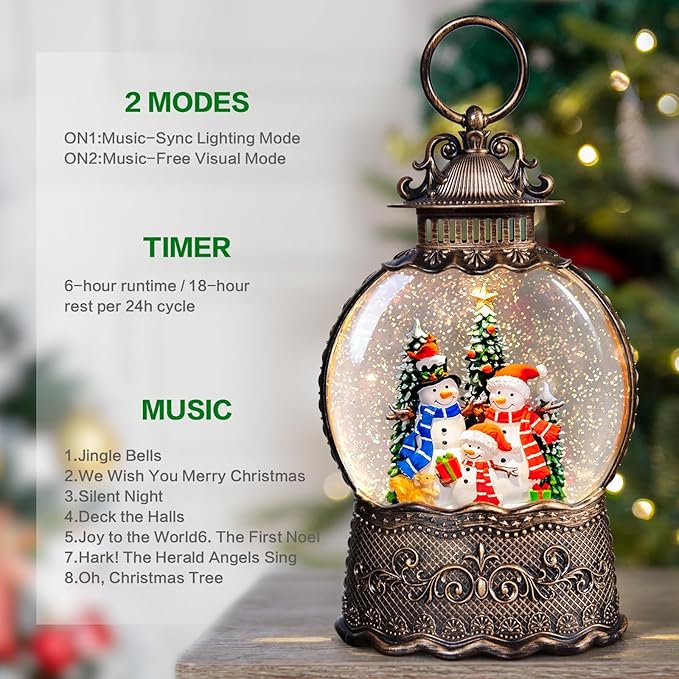 Christmas Snow Globes Lantern with Music, Snowman Snow Globes with Swirling Glitter Effects, USB/Battery Powered with 6-Hour Timer, Christmas Decorations