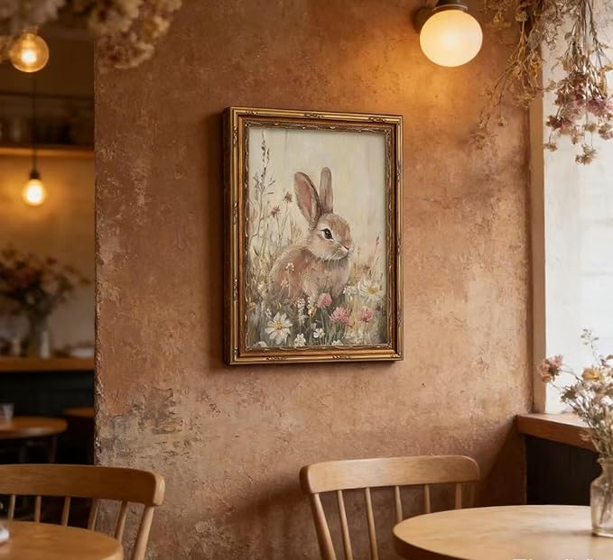 Vintage Gold Framed Bunny Wall Art, Spring Rabbit and Wildflowers Cottagecore Painting Canvas Print, Country Animal Picture Wall Decor, Rustic Farmhouse Floral Poster Artwork for Living Room Bedroom