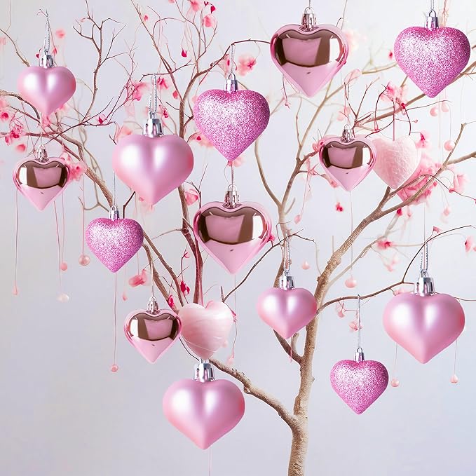 48PCS Valentine's Day Ornaments, Pink Heart Shaped Decorations, 2 Sizes Hanging Baubles, Glossy Ornaments for Wedding Anniversary Home Party Decor