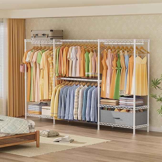 Coat Rack Clothes Wardrobe：Closet Organizer and Storage Clothing Garment Rack with Shelves Heavy Duty for Hanging Clothes Portable Adjustable White 15.8" DX69 WX76.5 H