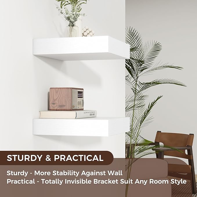 Venusmiles Square Floating Shelves for Wall, 12" W x 12" D x 2" H, 2 Pack of Small Wall Mounted Engineered Wood Shelves with Invisible Brackets for Living Room, Bedroom, Bathroom, Kitchen Decor, White