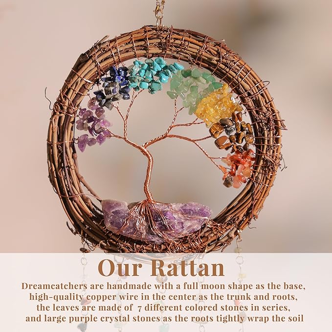 Dream Catcher - Dreamsum 7 Chakra Tree of Life Dream Catcher Native Boho Dreamcatcher Rattan Wall Decor, Handmade Natural Rattan Brown Crystal Hanging Decor for Bedroom Living Room (Dark Brown)