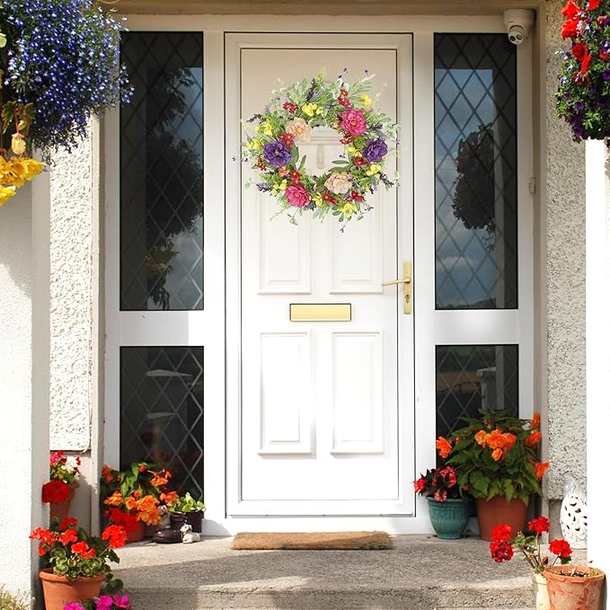 WreathDream Artificial Spring Summer Wreath Peony Wreaths for Front Door with Olive Leaf,Eucalyptus Leaf,Daisy,Lavender for Indoor Outdoor Wall Festival Home Farmhouse Wedding Decor