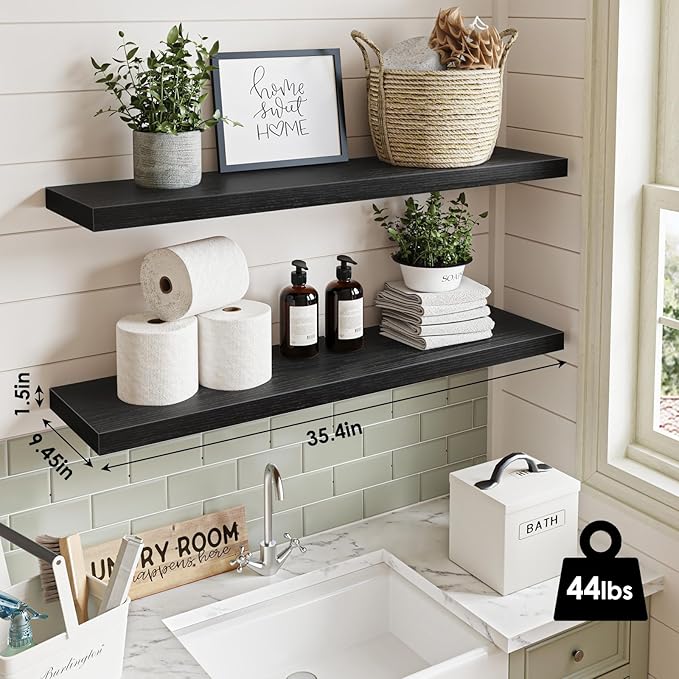 Fixwal Floating Shelves for Wall, 35.4" Long Heavy Duty Wall Mounted Rustic Wood Shelves for Living Room, Bedroom, Bathroom and Kitchen, Wall Shelves for Storage, Books, Room Decor (Black, Set of 2)