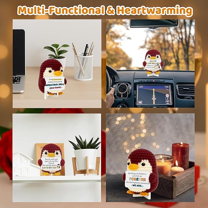 Crimmy Valentines Day Gifts for Him Her, Crochet Tiny Penguin Anniversary Birthday Gift for Boyfriend Girlfriend Wife Husband, I Love You Romantic Gifts for Women Men Couple (Love red Penguin)