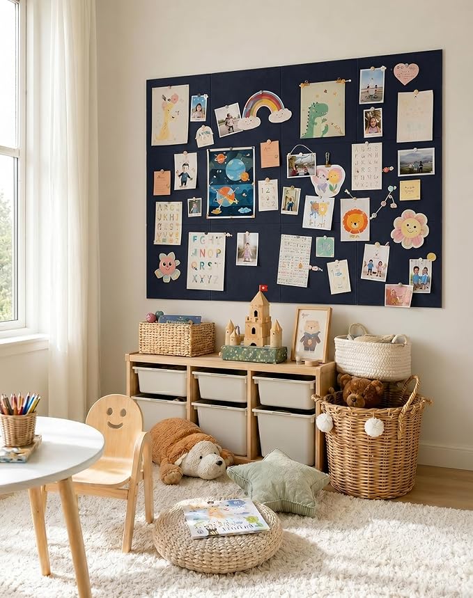Aothia Felt Bulletin Board Tiles for Wall, 12 Pack Large 48" x 36", Felt Wall Tiles Cork Board Alternative, Adhesive Bulletin Board Tiles for Office, Classroom & Home, Navy Blue