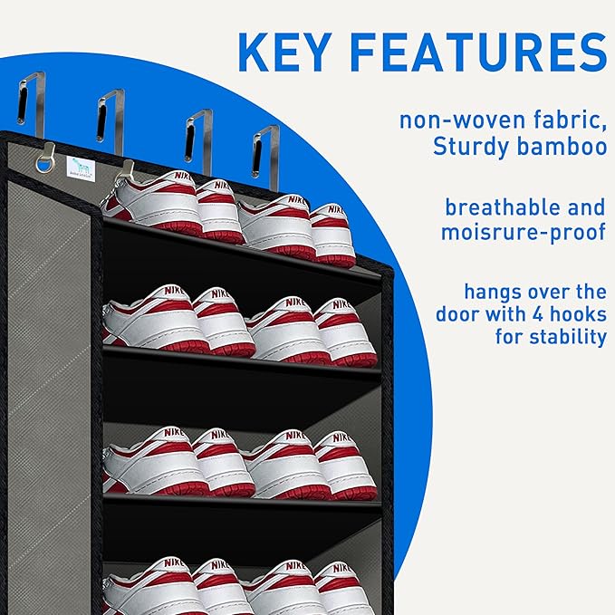 [Improve Over The Door Shoe Organizer, Extra Large 10 Tiers, Over Door Shoe Organizer, Coated Hooks Grip Firmly Without Scratching Paint, 75LB, Door Shoe Rack, Dark Black