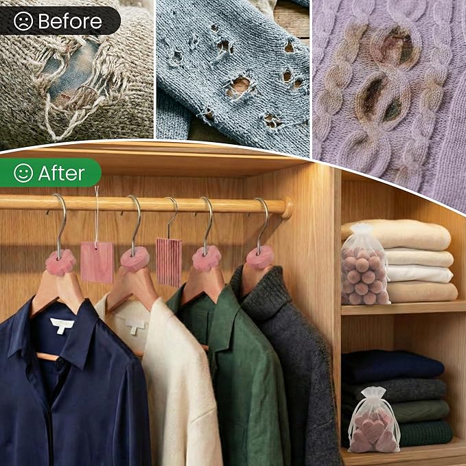 Cedar Blocks for Clothes Storage, Natural Cedar Wood Sachets, Balls & Rings for Closets and Drawers, 100% Natural & Fresh Scented Wardrobe Organizer, 55 Pack