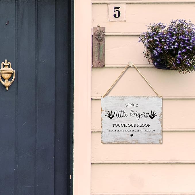 Wall Pediments Shoes Off Sign,Shoes Off Sign for Front Door,Since Little Fingers Touch Our Floor Door Sign,Shoes Off Hanging Welcome Sign for Front Door,6x12 Inches，Wood Grain-2