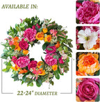 24 Inch Spring Wreaths for Front Door Outside,Handcrafted Garden Rose & Peony Style Summer Wreath with Pink,Orange Ivory Flowers- Lush Spring Door Wreath for Farmhouse Home Wall Porch Window