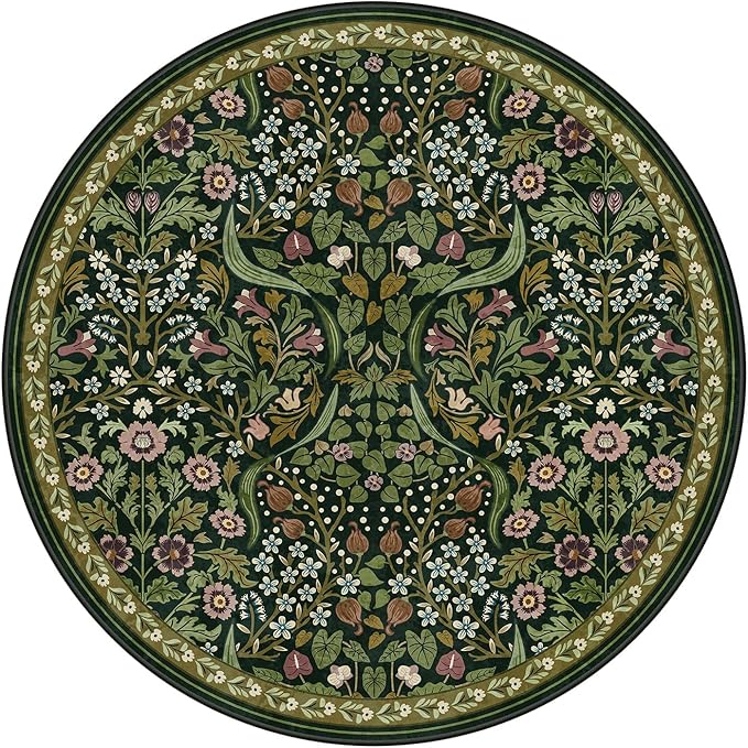 Moynesa Floral Round Rugs 6ft, Boho Green Round Living Room Area Rug, Washable Large Soft Circle Rug for Bedroom, Non Slip Ultra Thin Floor Carpet for Dining Room Guest Room, Green