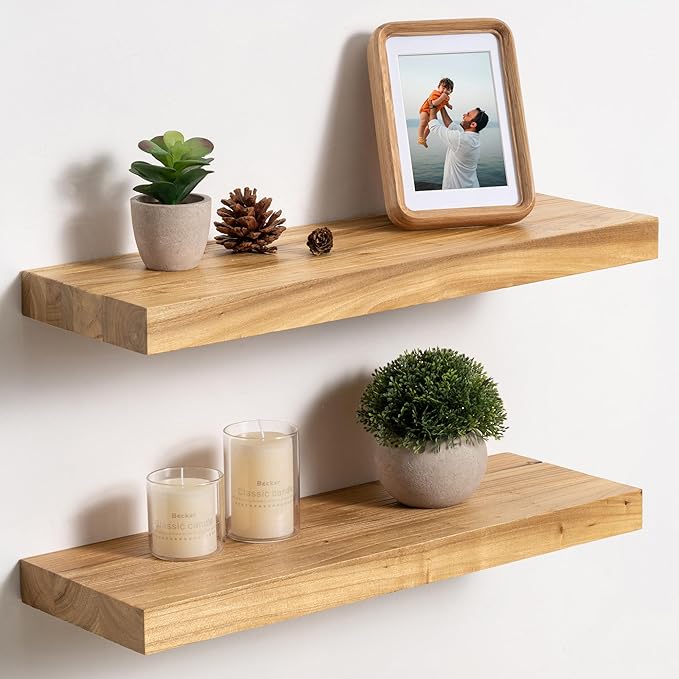 fuqing Floating Shelves for Wall, 20 inch Rustic Solid Elm Wood Floating Shelves, Wooden Wall Shelves with Invisible Heavy Duty Brackets for Living Room, Bedroom, Kitchen, Bathroom, 2 Pack, Natural