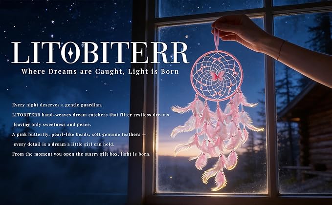 Dream Catcher for Girls – Butterfly Center, Pink & White Mixed Feathers & Clear Beads, Pink Decor for Bedroom, Comes with a Decorative Box & White Raffia