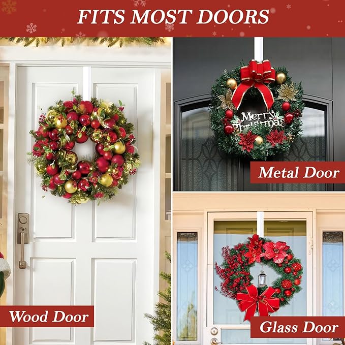 12" Metal Wreath Hanger for Front Door, Non-Scratch, 1 Pack White Wreath Hanger Heavy Duty, Over-the-Door Hooks for Hanging Welcome Sign, Wreath Holder for Easter, Halloween, Christmas Decorations