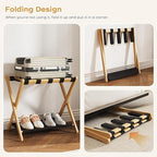 Fully Assembled Luggage Rack, 26.77" Natural Luggage Rack for Guest Room, Bamboo Folding Suitcase Stand with Fabric Storage Shelf, Heavy Duty 5 Nylon Straps Luggage Holder for Hotel, 1 Pack