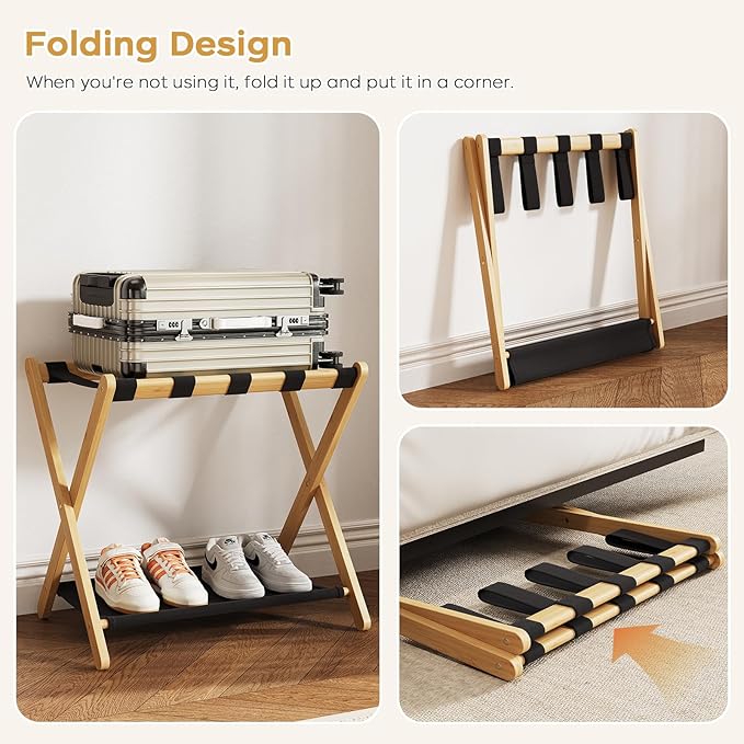 Fully Assembled Luggage Rack, 26.77" Natural Luggage Rack for Guest Room, Bamboo Folding Suitcase Stand with Fabric Storage Shelf, Heavy Duty 5 Nylon Straps Luggage Holder for Hotel, 1 Pack