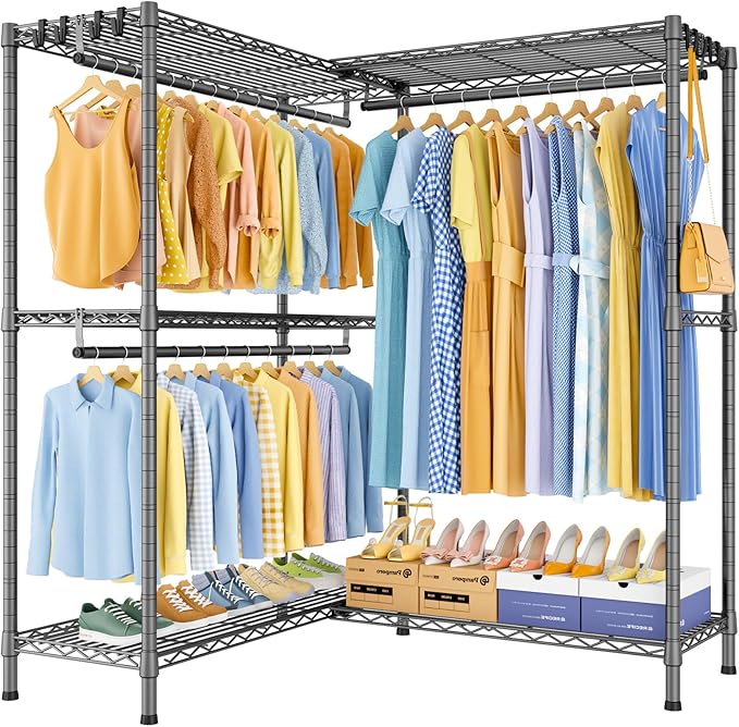 E15 Pro Garment Rack L Shaped Clothes Rack for Corner，Freestanding Clothing Racks for Hanging Clothes，Heavy Duty Closet System with 4 Hanging Rods & 8 S Hooks，48.8"W x 15.8"D x 78.4"H，Grey