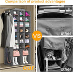 Hanging Shoe Organizer for Closet, Closet Hanging Shoe Storage Rack Holder Shelves,Collapsible Shoe Closet Organizers and Storage with 4 Large Side Pockets,25 Sections for Shoes,Hats,Clothes(Gray)