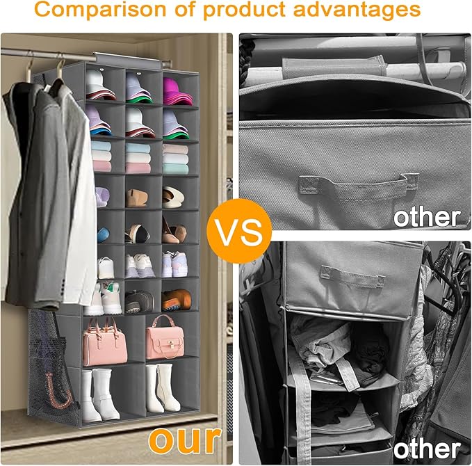 Hanging Shoe Organizer for Closet, Closet Hanging Shoe Storage Rack Holder Shelves,Collapsible Shoe Closet Organizers and Storage with 4 Large Side Pockets,25 Sections for Shoes,Hats,Clothes(Gray)