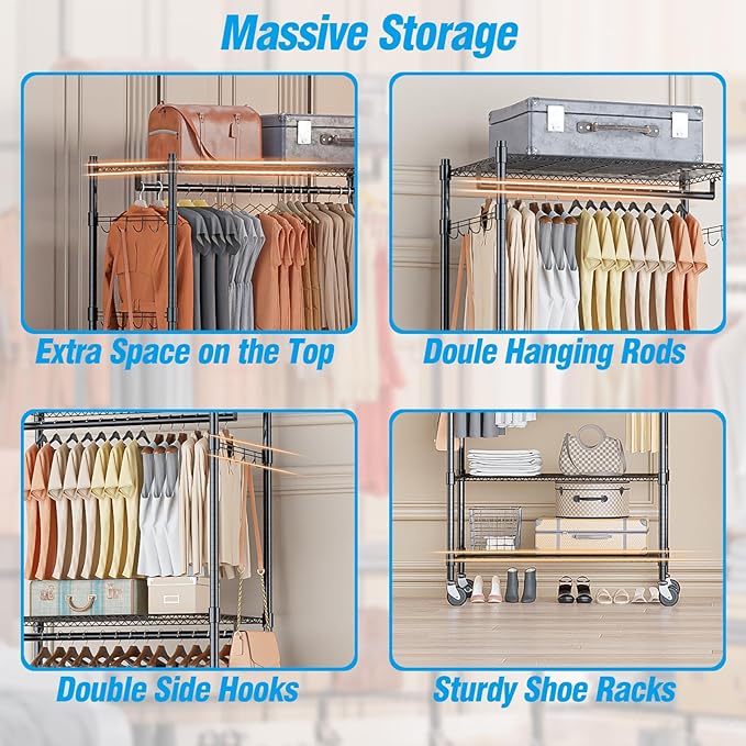 Homdox Heavy Duty Clothing Rack with 3 Tier Adjustable Wire Shelves, Garment Racks for Hanging Clothes, Double Rods Clothing Rack, Freestanding Closet Wardrobe with Side Hooks, Black