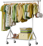 Clothes Rack Load 450 LBS, Heavy Duty Garment Rack, Standing Rolling Metal Hanging Clothes with Sturdy Wheels & Shelves, Silver