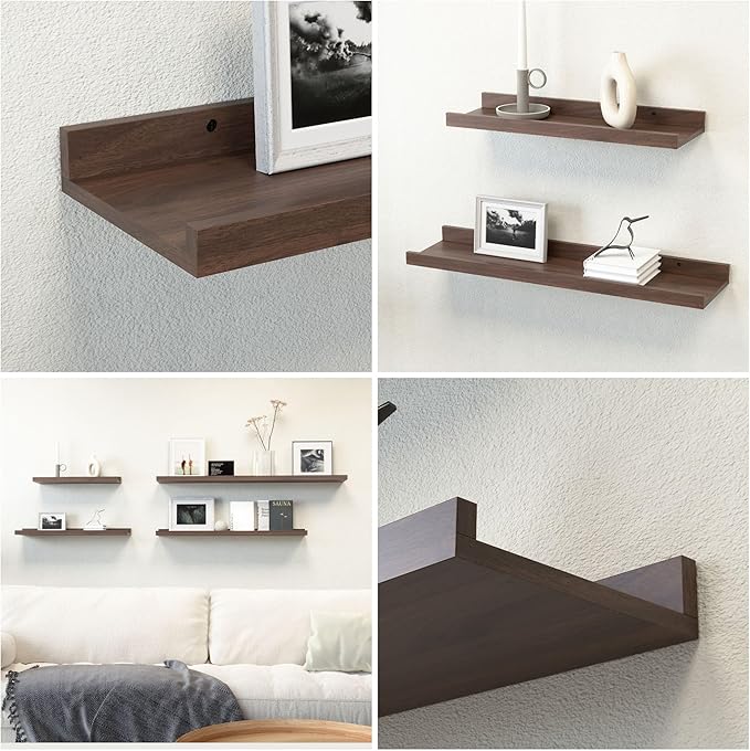 RICHER HOUSE 5 Set Floating Shelves for Wall Decor, Wall Mounted Book Shelf, Nursery Shelves Picture Ledge Shelf with Lip for Storage, Bedroom, Living Room, Bathroom - Walnut