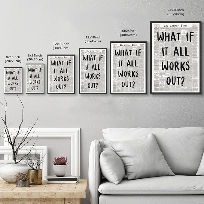 Framed What If It All Works Out Wall Art Black and White Retro Newspaper Poster Positive Motivational Canvas Print Painting Inspirational Quote Picture Decor for Office Home Bedroom Dorm 24x36inch