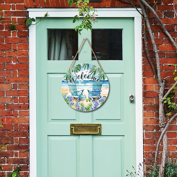 Welcome Summer Sea Chair Front Door SignFlower Wall Hanging Round Door Hanger Farmhouse Coastal Beach Wooden Wreath for Front Door Hello Summer Outdoor Outside Porch Decor 12"X12"