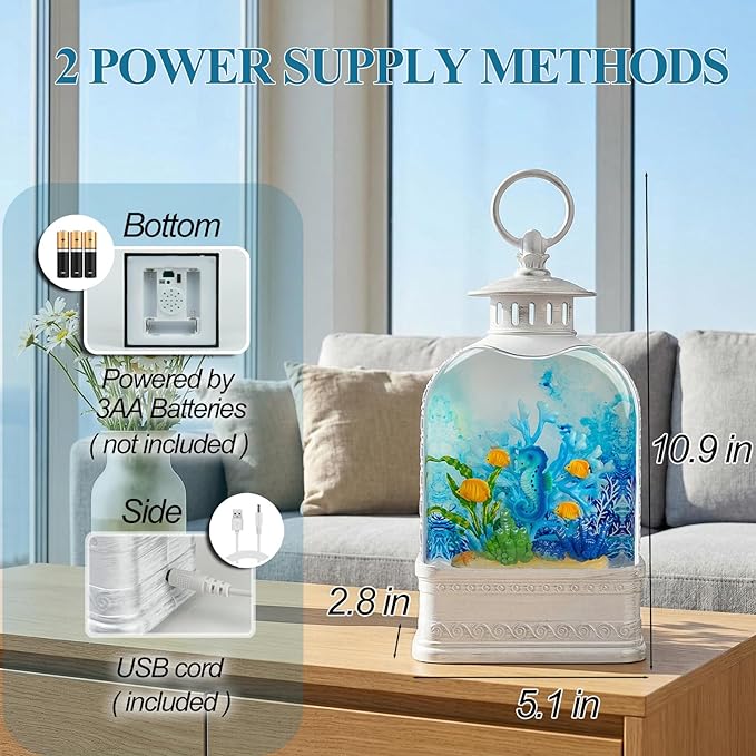 Ocean Themed Snow Globe Lantern with Music - USB or Battery Powered Light Up Water Lantern with Seahorse - Swirling Glitter Water Globe for Summer Costal Ocean Decor Gift for Ocean Lover (Seahorse)