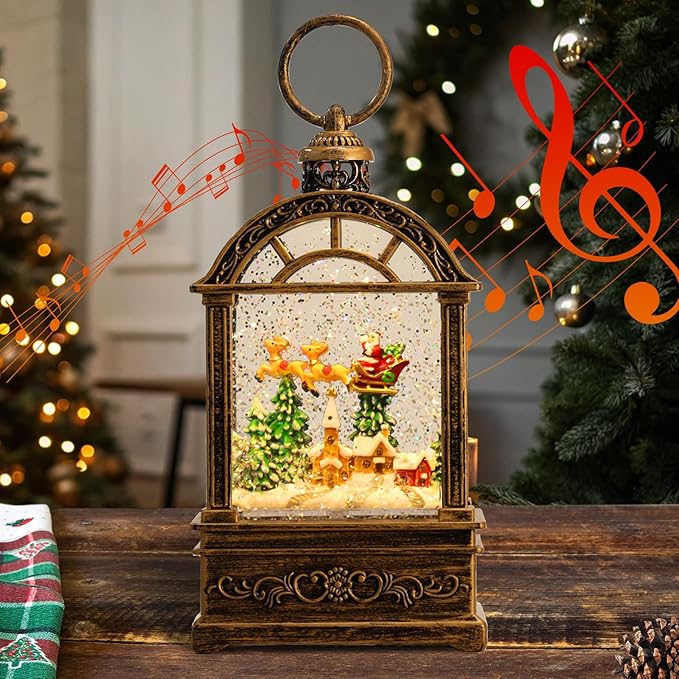 Snow Globe Christmas Lantern Decorations - 9.8”USB Plug-in & Battery Operated Music can be Turned Off，Portable Creative Water Glitters Lighted Music Christmas Snow Globe Lantern for Christmas Decor