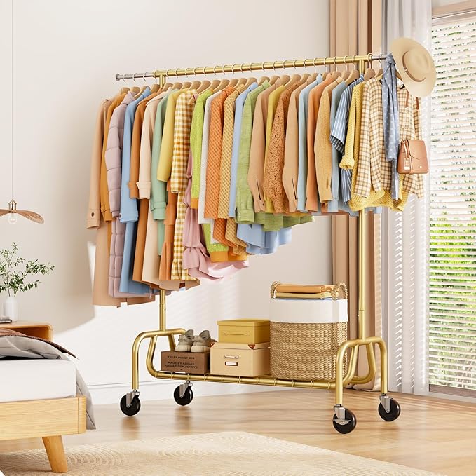 Heavy-duty Clothing Rack with Wheels, Rolling Clothes Rack, Clothes Racks for Hanging Clothes, Metal Standing Garment Racks, Gold
