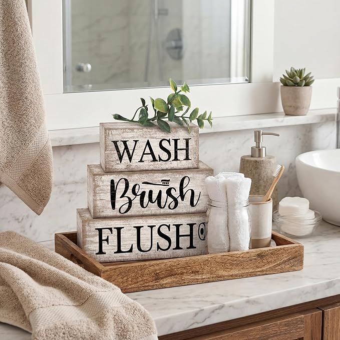 Moucuny 4 Pcs Farmhouse Bathroom Decor and Accessories Rustic Bathroom Shelf Decor Sign Set "wash/brush/flush" Farmhouse Eucalyptus Leaves Wood Block Signs for Toilet Vanity Countertop Home Decoration