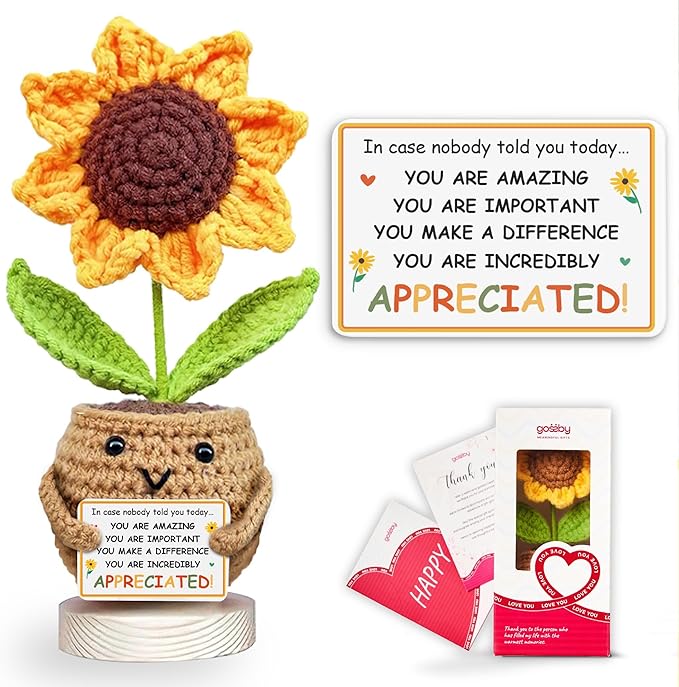 Gossby Appreciation Gift Women - Sunflower Flower Crochet - Thank You, Inspirational, Encouragement Gift Coworker, Boss, Employee, Teacher, Friend - Positive Emotional Support Plush - You're Amazing
