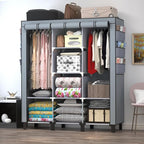 Portable Wardrobe with 10 Storage Racks and 2 Hanging Poles, 6 Side Pockets Non-Woven Cover, Size 130 x 45 x 172 cm, Bedroom Closet Organizer (Gray)