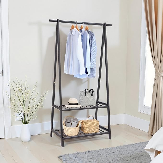 Finnhomy Bamboo Clothes Rack Portable Extra Large Garment Rack 2-Tire Storage Box Shelves For Entryway and Bed Room Patented Design (Black)