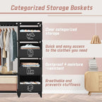 Portable Closet, Easy Assembly, Large Capacity Wardrobe Closet, Sturdy and Stable Clothes Rack with Shelves 4 Storage Baskets and 2 Hanging Rods, for Bedroom and Cloakroom Black