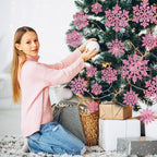 36pcs Christmas Light Pink Snowflake Ornaments Plastic Glitter Snow Flakes Ornaments for Winter Christmas Tree Decorations Size Varies Craft Snowflakes